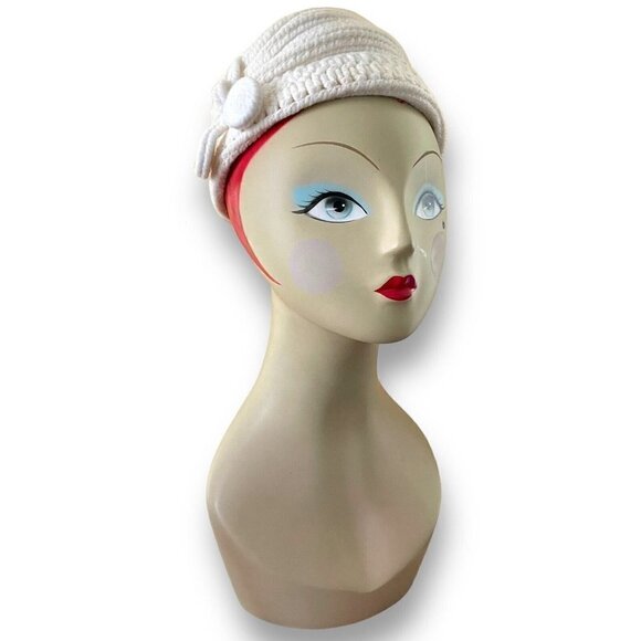 Vintage 1940s Everitt Needlepoint Womens White Beehive Tilt Hat Sculpted Toque - Picture 15 of 16